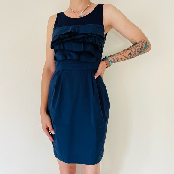 BCBGMaxAzria Dresses & Skirts - BCBGMAXAZRIA Navy Blue Ruffle Tiered mini Dress pleated
